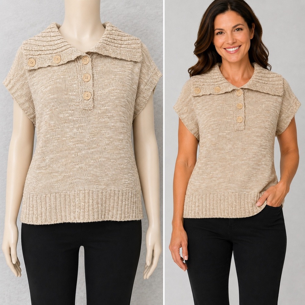 Relativity Sweater Women XL Beige Short Sleeve Button Neck Wool Blend Knit Top